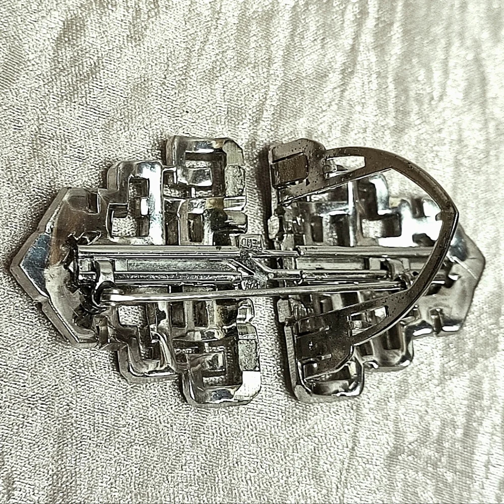 Duette Large Silver Tone Vintage Brooch Paste Stones Rhinestones 1940's *FLAWED*